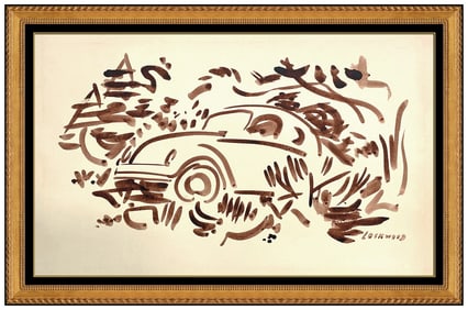 Ward Lockwood Original Drawing Signed Volkswagen Beetle Automobile Framed Art