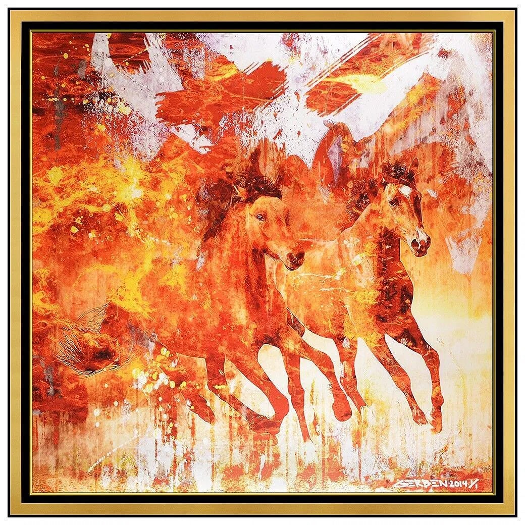 Paul Gerben Large Original Painting on Canvas Signed Horses Animal Framed Art (1 of 5)