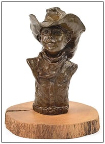 Vel Miller Original Full Round Bronze Sculpture Signed Cowboy Boy Portrait Art