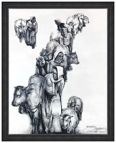 Willem Van Den Berg Large Original Charcoal and Ink Drawing Signed Framed Figurative