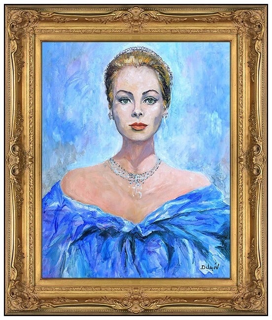 Duaiv Original Oil Painting on Canvas Signed Grace Kelly Actress Portrait Framed Art (1 of 5)