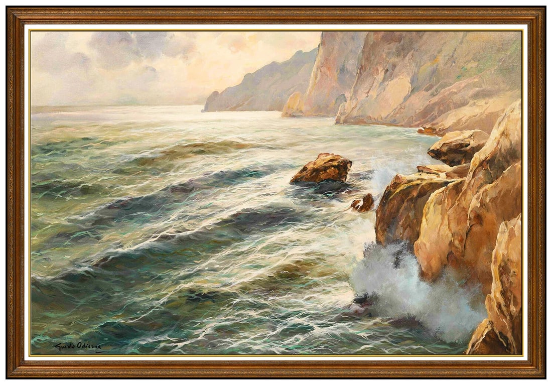 Guido Odierna Large Original Oil Painting on Canvas Signed Ocean Seascape Art: This lot includes:Gallery COA. In-house shipping available (insurance and international shipping for an additional charge).Artist: Guido Odierna Title: Red RocksMedium: Oil On CanvasSize: 24" x 36"Fra