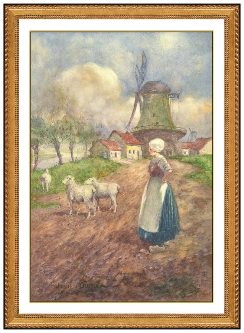 Julien Dupre Original Gouache Painting on Paper Signed Rural Landscape Artwork (1 of 4)