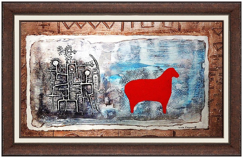 Max Papart Original Oil Painting Collage Signed Cubism Animal Abstract Art: This lot includes:Gallery COA. In-house shipping available (insurance and international shipping for an additional charge).Artist: Max PapartTitle: Chasing the Red SheepMedium: Oil Painting with eleme