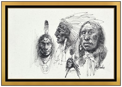 Don Crowley Original Drawing Signed Native American Figurative Portrait Framed Art