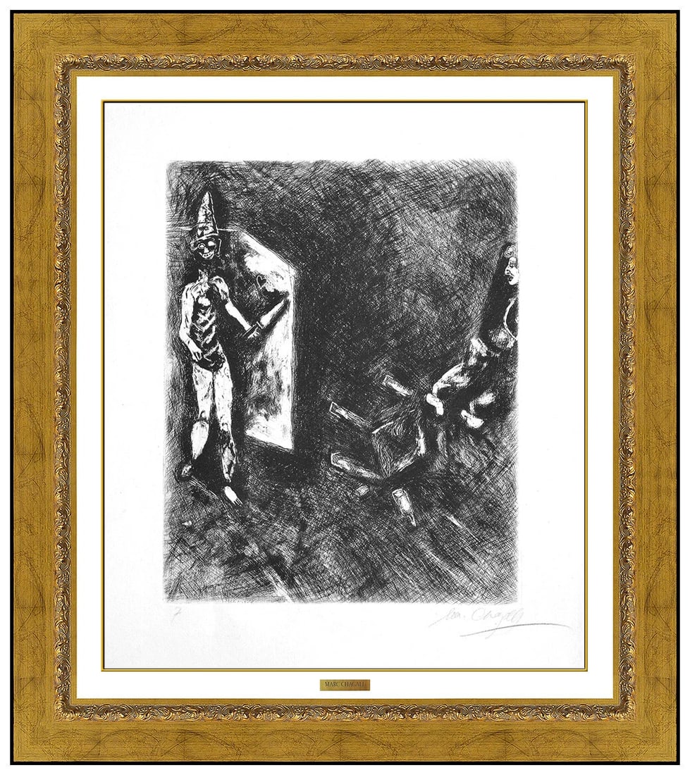 Marc Chagall Original Etching Le Mort Malheureux Fables Fontaine Hand Signed Art: This lot includes:Gallery COA. In-house shipping available (insurance and international shipping for an additional charge).Artist: Marc Chagall Title: Les Poissons et Le Berger qui Joue de la FluteMed