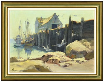 Ralph Love Original Oil Painting On Canvas Signed Gloucester Harbor Dock Art