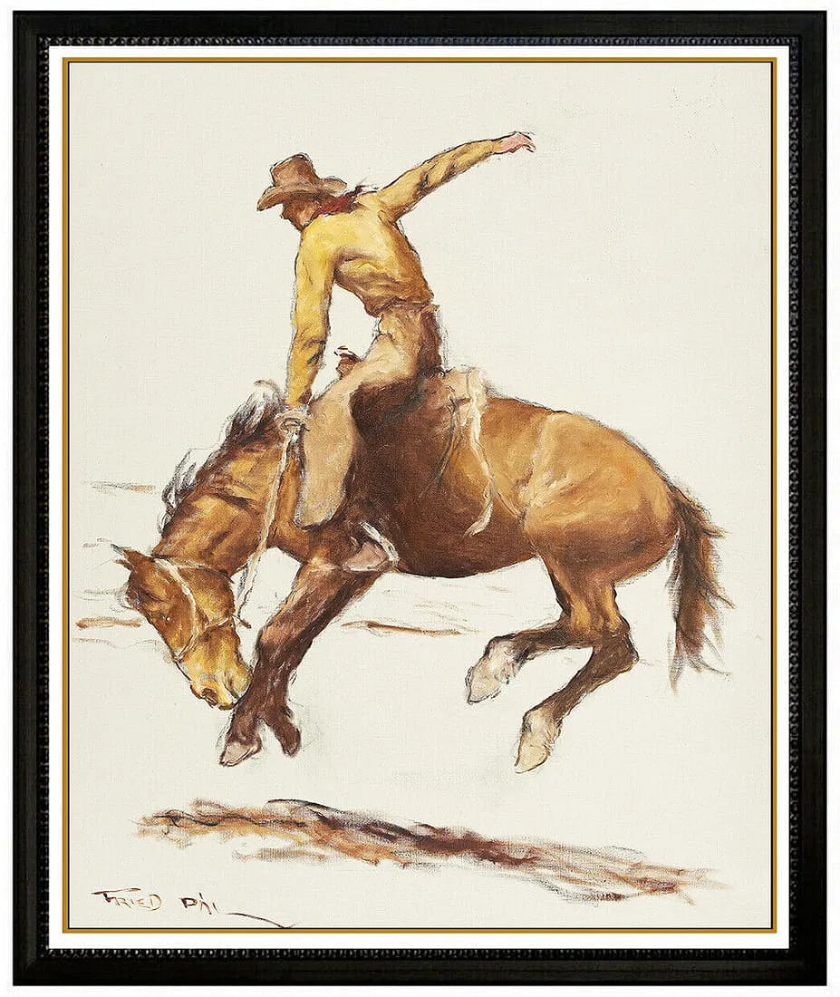 Pal Fried Large Original Oil Painting On Canvas Signed Western Horse Cowboy Art: This lot includes:Gallery COA. In-house shipping available (insurance and international shipping for an additional charge).Artist: Pal Fried Title: The Buck Medium: Oil Painting On CanvasSize: 30" x 2