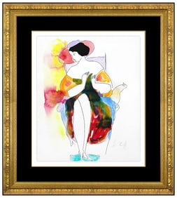 Linda Le Kinff Original Watercolor Painting Signed Female Portrait Cat Framed Art