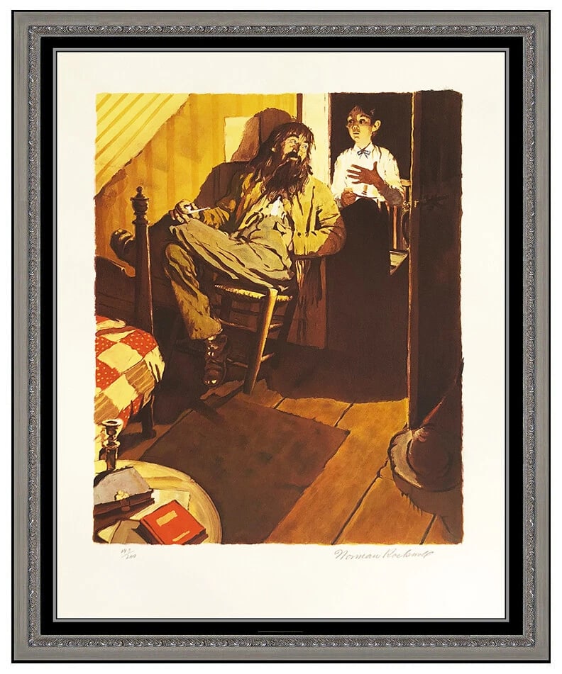 Norman Rockwell Lit Candle Color Lithograph Hand Signed Huck Finn Folio Art (1 of 5)