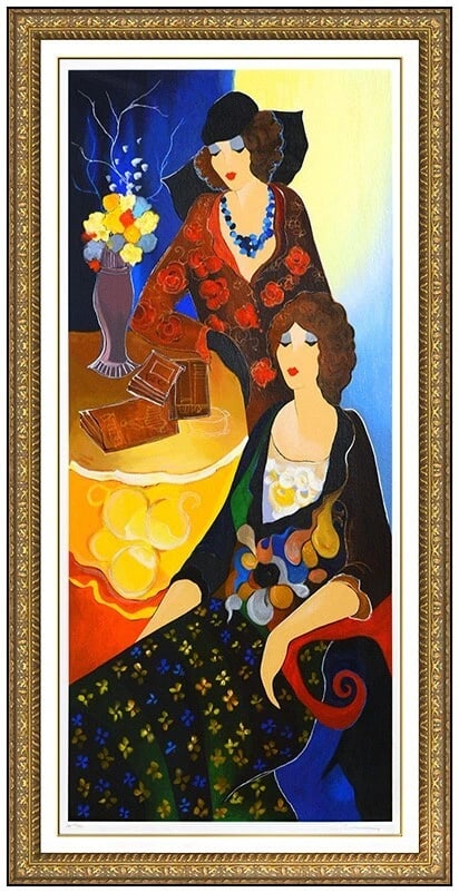 Itzchak Tarkay Large Original Embossed Serigraph Debbie Donna Signed Framed Art: This Lot Includes:Gallery COA. In-house shipping available (insurance and international shipping for an additional charge).Artist: Itzchak TarkayTitle: Debbie & DonnaMedium: SerigraphSize: 40” X