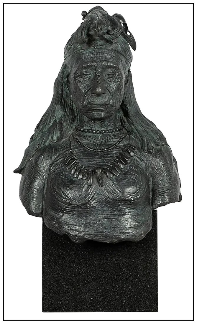 Machado Large Bronze Sculpture Native American Female Bust Signed Full Round Art: This lot includes:Gallery COA. In-house shipping available (insurance and international shipping for an additional charge).Artist: MachadoTitle: Queen of the TribeMedium: BronzeSize: 32" x 18" Signed: