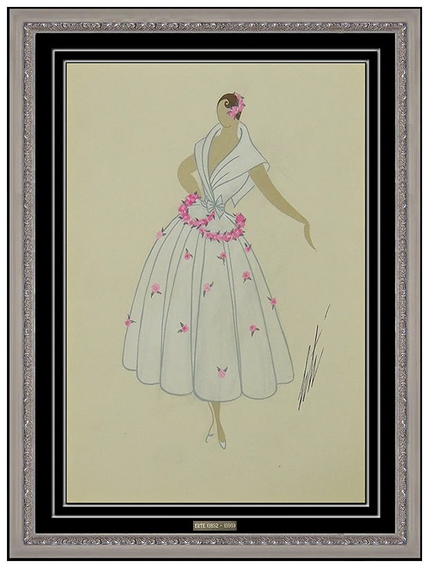 Erte Original Gouache Painting Signed Art Deco Costume Dress Design Tirtoff: This lot includes:Gallery COA & free domestic shipping (*insurance and international shipping for an additional charge)Artist: ErteTitle: SoubretteMedium: GouacheSize: 13" x 9"Framed: 22" x 18"Signed: