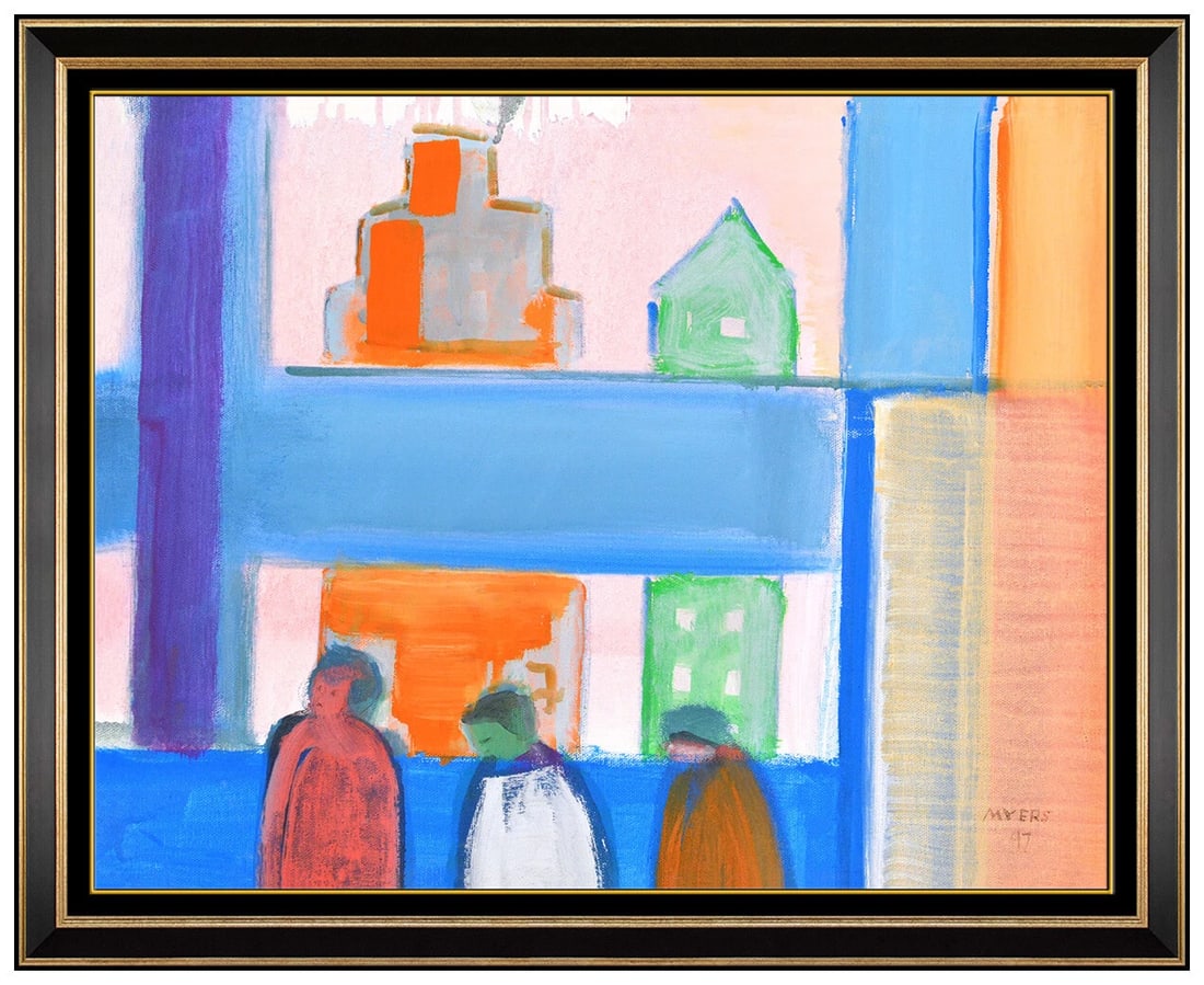 Malcolm Myers Original Painting On Canvas Signed Cityscape Street Life Framed Art: This lot includes:Gallery COA & free domestic shipping (*insurance and international shipping for an additional charge)Artist: Malcolm MyersTitle: BystandersMedium: Oil Painting on CanvasSize: 14" x 1