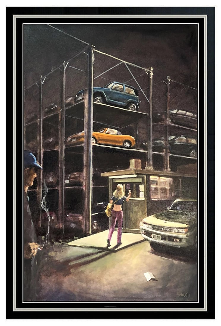 John Hardy Large Original Oil Painting On Canvas Signed Urban Landscape Modern Art: This lot includes:Gallery COA & free domestic shipping (*insurance and international shipping for an additional charge)Artist: John HardyTitle: The Night Garage Medium: Oil Painting On CanvasSize: 48"