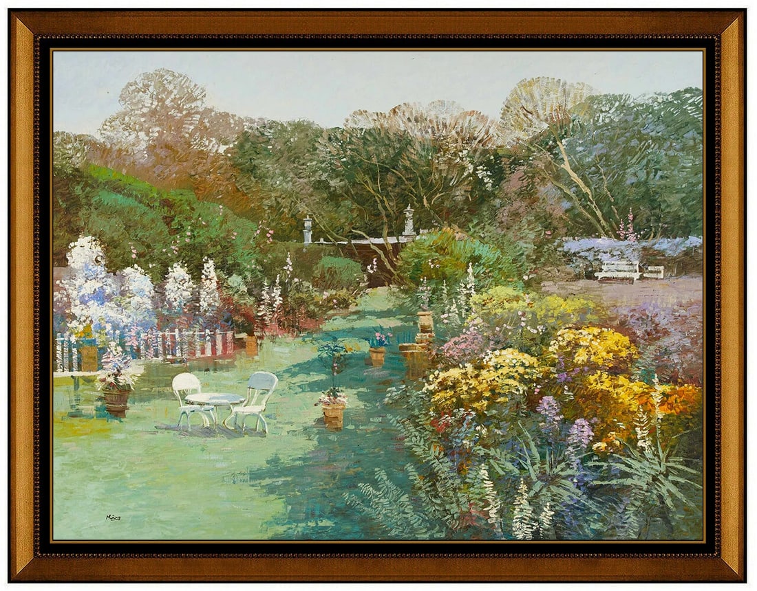Ming Feng Large Original Oil Painting On Canvas Signed Flower Garden Framed Artwork (1 of 5)