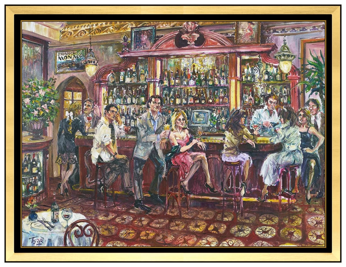 Valery Tsarikovsky Tsar Large Original Painting On Canvas Signed Bar Scene Lounge Art: This lot includes:Gallery COA & free domestic shipping (*insurance and international shipping for an additional charge)Artist: Valery TsarikovskyTitle: The Red Velvet Medium: Oil Painting on