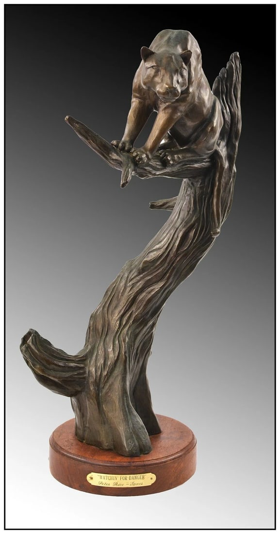 Peter Rice Jones Original Bronze Sculpture Signed Wildlife Animal Watchin For Danger: This lot includes:Gallery COA & free domestic shipping (*insurance and international shipping for an additional charge)Artist: Peter Rice JonesTitle: Watchin' For DangerMedium: BronzeSize: 23" x 11"