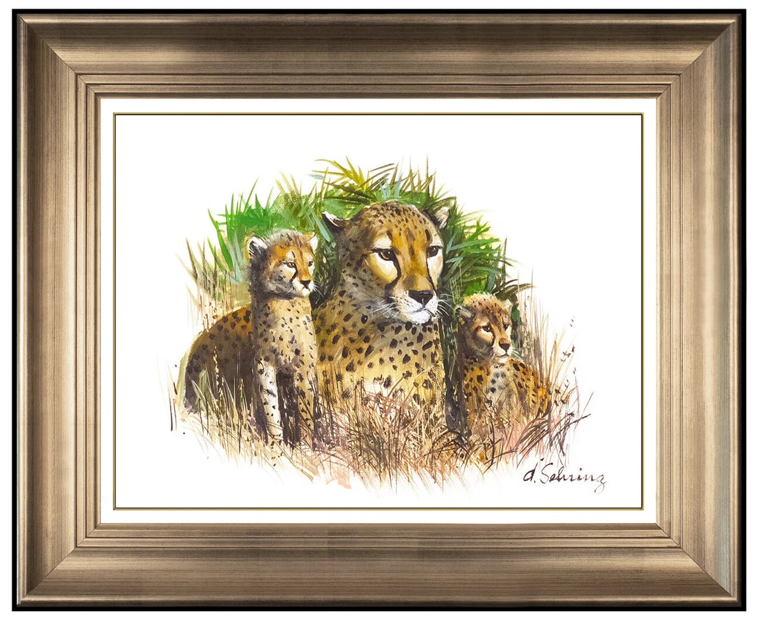 Adolf Sehring Original Oil Painting On Canvas Signed Cheetah Animal Portrait Art: This lot includes:Gallery COA & free domestic shipping (*insurance and international shipping for an additional charge)Artist: Adolf SehringTitle: Cheetah with Cubs Medium: Oil On CanvasSize: 12" x 16