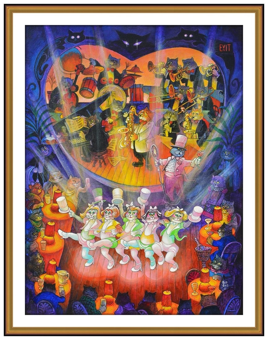 Bill Bell Original Oil Painting On Canvas Signed Cat Portrait Music Framed Art (1 of 4)