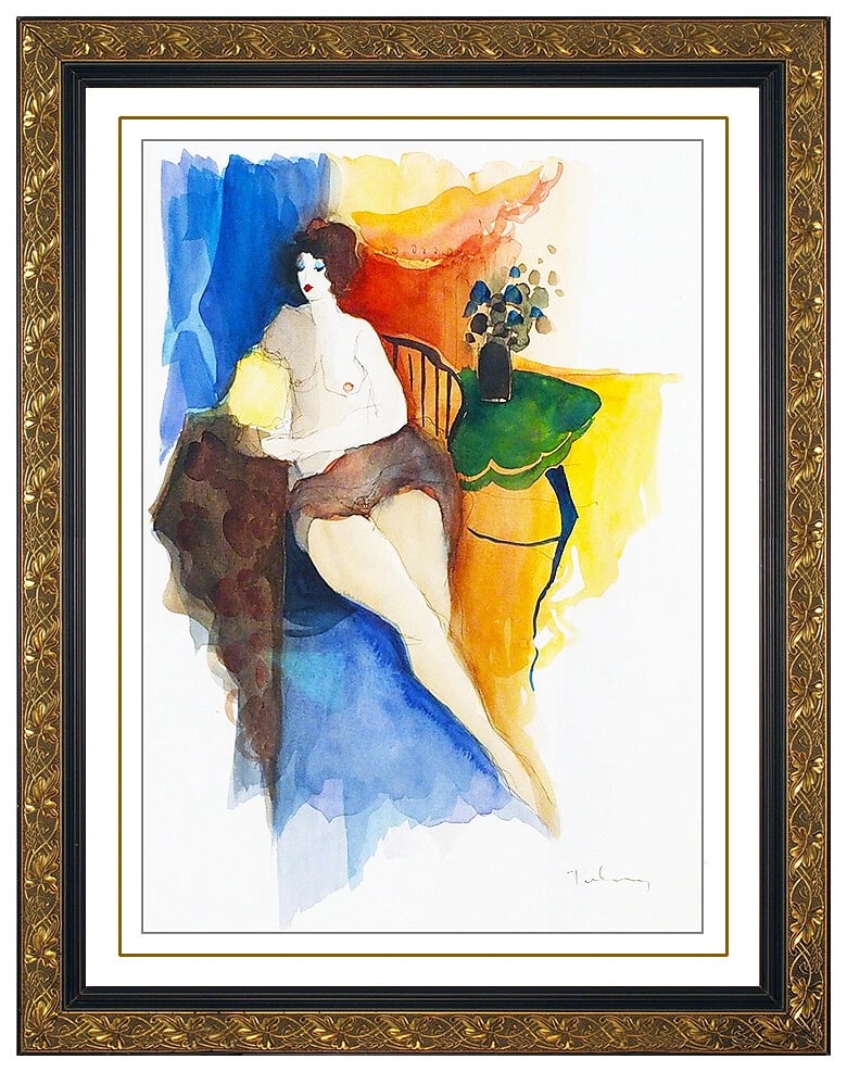 Itzchak Tarkay Original Watercolor Painting Signed Nude Female Portrait Art: This lot includes:Gallery COA & free domestic shipping (*insurance and international shipping for an additional charge)Artist: Itzchak Tarkay Title: Nude with FurMedium: WatercolorSize: 14" x 10"Frame