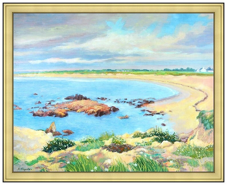 Andre Vignoles Large Original Oil Painting On Canvas Signed Framed Landscape Art: This lot includes:Gallery COA & free domestic shipping (*insurance and international shipping for an additional charge)Artist: Andre VignolesTitle: La Plage A La Pointe De La Torche Medium: oil