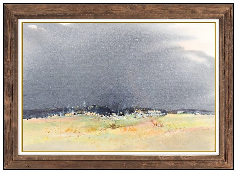 Tom Perkinson Large Original Watercolor Painting Signed Western Landscape Art: This lot includes:Gallery COA & free domestic shipping (*insurance and international shipping for an additional charge)Artist: Tom Perkinson Title: Mesa Village In The EveningMedium: WatercolorSize: