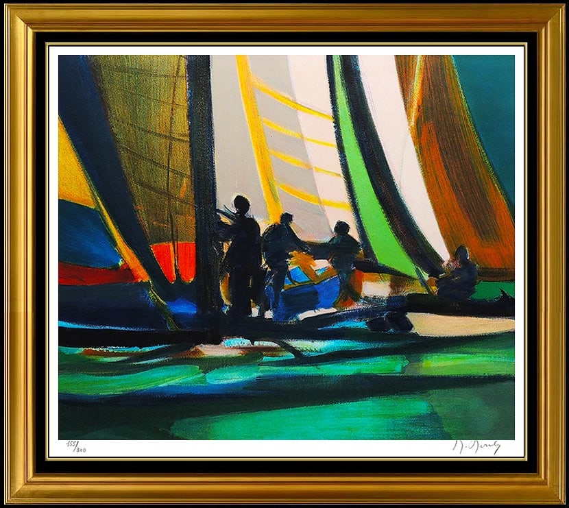 Marcel Mouly Hand Signed Color Lithograph Sailboat Harbor Still Life Art: This lot includes:Gallery COA & free domestic shipping (*insurance and international shipping for an additional charge)Artist: Marcel MoulyTitle: Yachtmen A QuaiMedium: LithographSize: 20" x