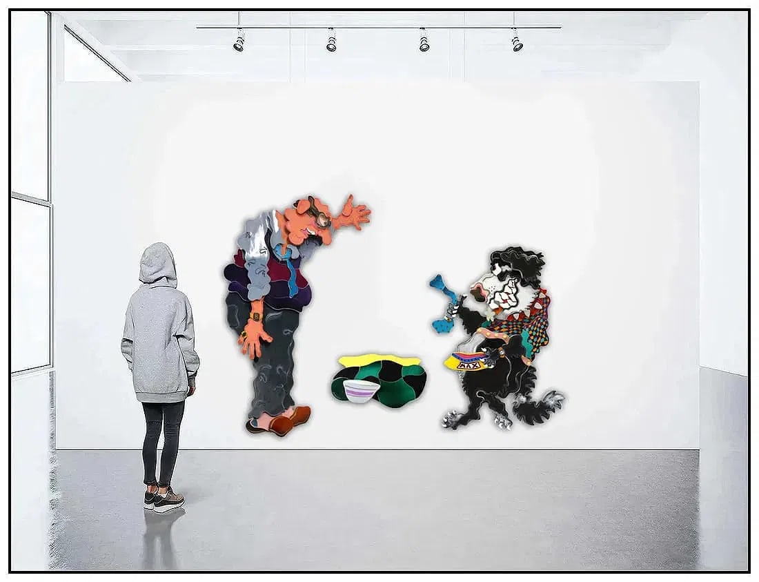 Ricky Bernstein Mischievous Max Hand Blown Glass Wall Sculpture Signed Artwork: This lot includes:Gallery COA & free domestic shipping (*insurance and international shipping for an additional charge)Artist: Ricky BernsteinTitle: Mischievous MaxMedium: Painted Metal SculptureSize: