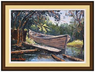 William Fisher Original Painting On Canvas Board Signed Boat Landscape Framed Art