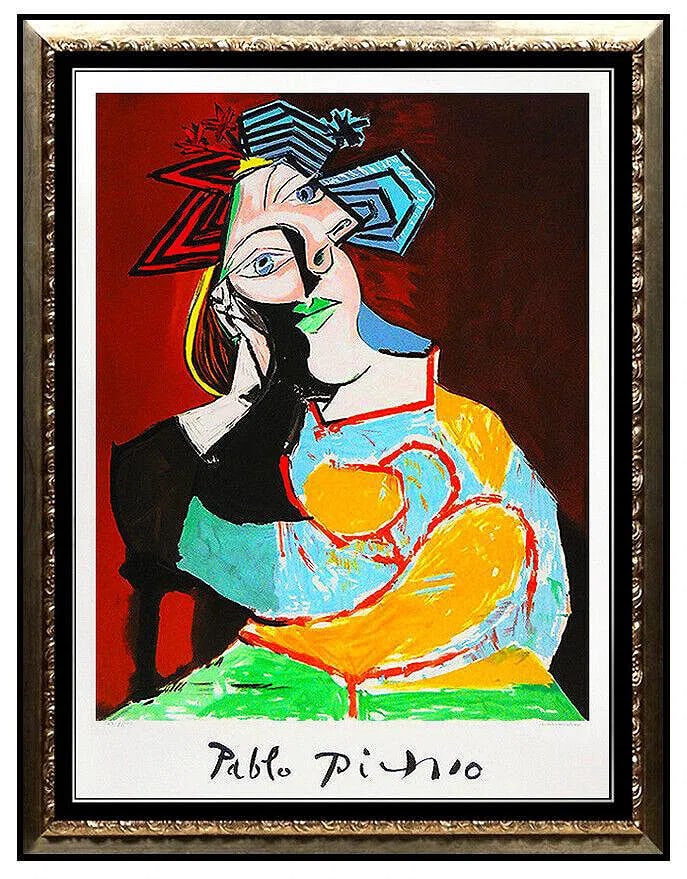 Pablo Picasso Color Lithograph Femme Accoudée Signed Cubism Female Portrait Art: This lot includes:Gallery COA & free domestic shipping (*insurance and international shipping for an additional charge)Artist: Pablo Picasso Color Title: Femme Accoudee au Drapeau Bleu et RougeMedium: