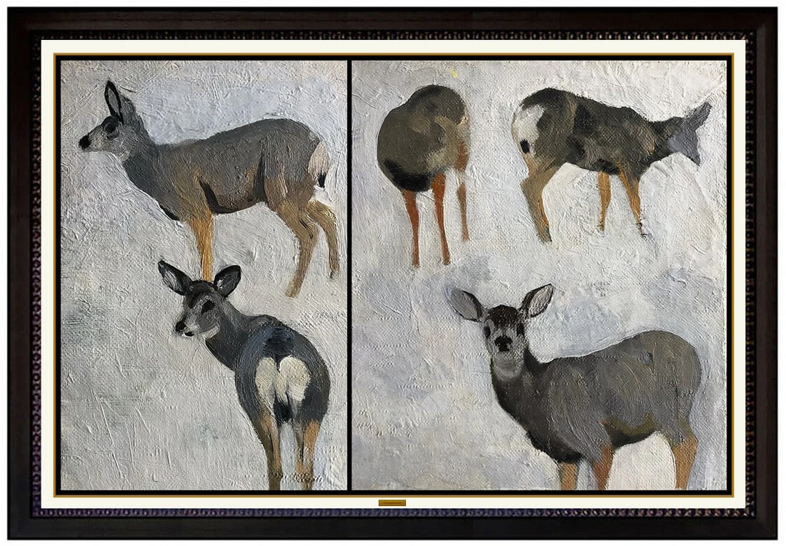 George Browne Original Oil Painting On Canvas Board Diptych Deer Wildlife Artwork (1 of 5)