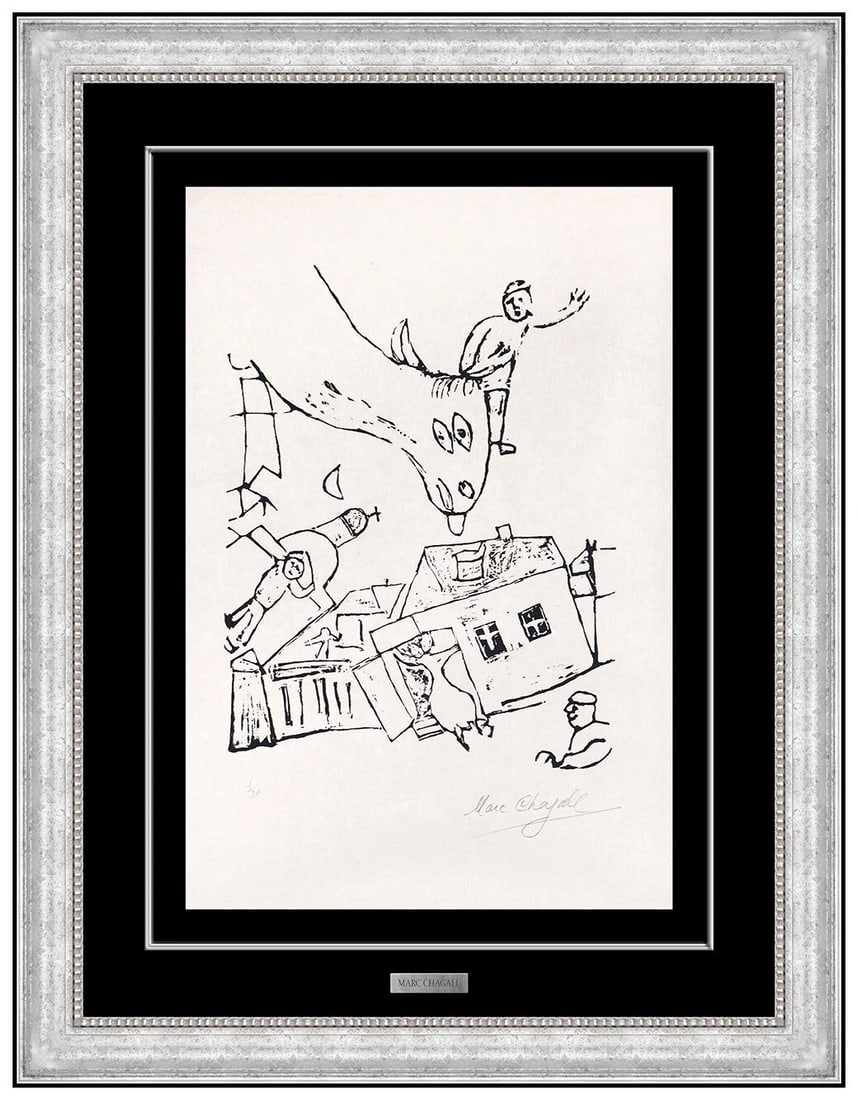 Marc Chagall Original Hand Signed Woodcut Planche 4 Figures Animals Framed Art (1 of 6)