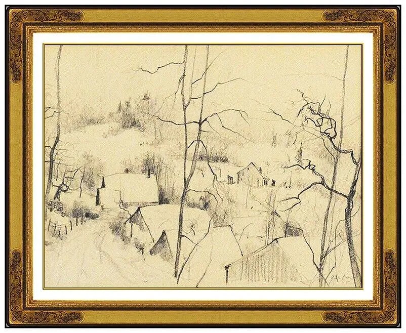 Bernard Gantner Original Drawing Signed Winter Landscape Framed Authentic Art (1 of 7)