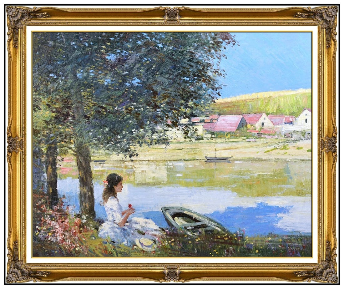 An He Original Oil Painting On Canvas Signed Hans Amis Landscape Framed Art: This lot includes:Gallery COA. In-house shipping available (insurance and international shipping for an additional charge).Artist: An He aka Hans AmisTitle: Aroma of SpringMedium: Oil painting on canv