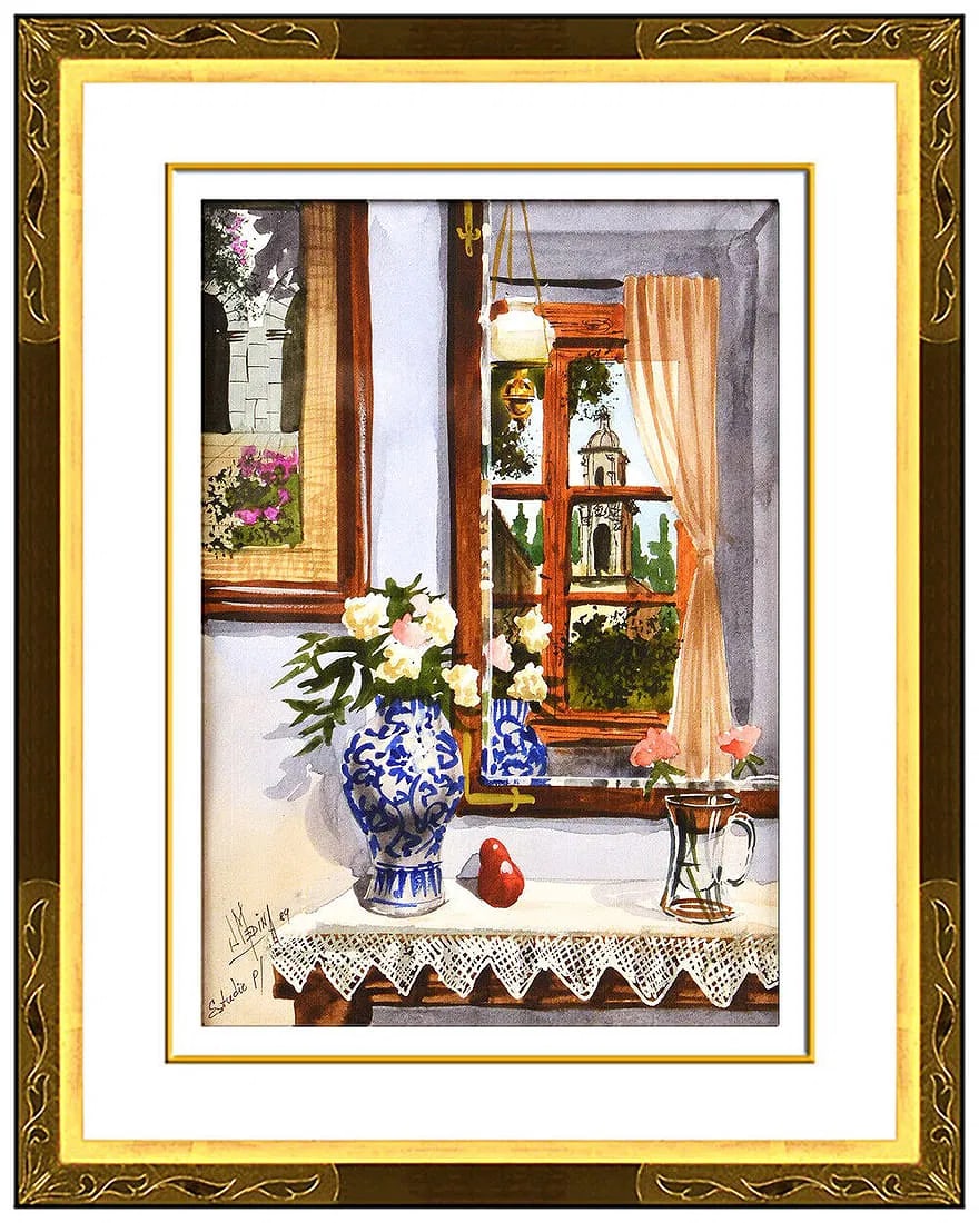 Juan Medina Original Interior Still Life Watercolor Painting Signed Framed Art (1 of 6)