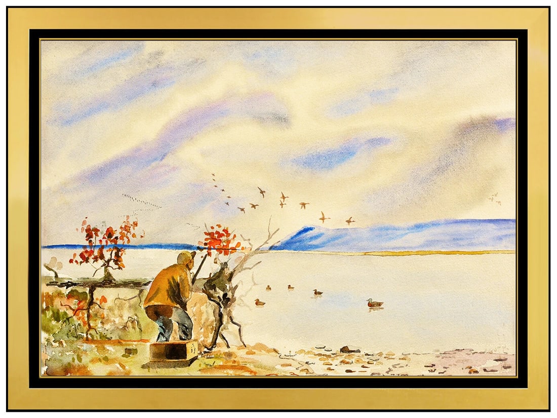 Robert Gunn Original Watercolor Painting Geese Hunting Landscape Signed Artwork (1 of 5)