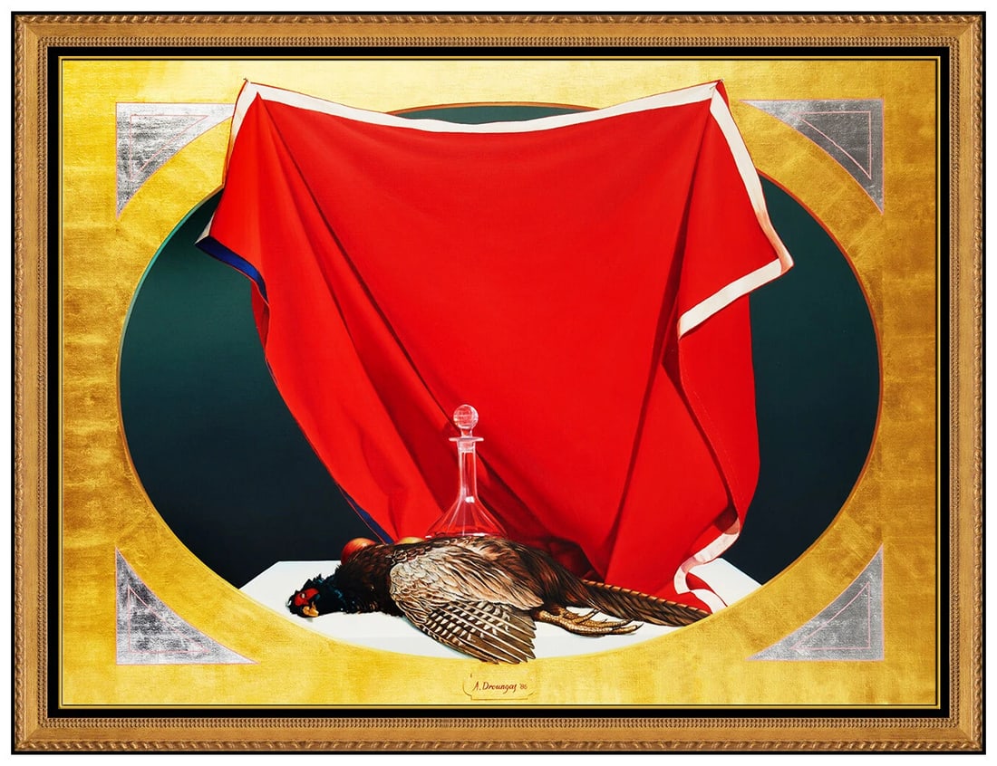 Achilleas Droungas Large Original Oil Painting On Canvas Signed Still Life Framed: This lot includes:Gallery COA. In-house shipping available (insurance and international shipping for an additional charge).Artist: Achilleas DroungasTitle: Offering the Pheasant Medium: Oil Painting O