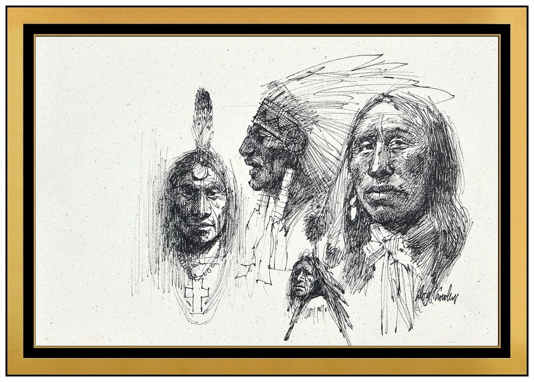 Don Crowley Original Portrait Drawing Signed Native American Figurative Framed (1 of 6)