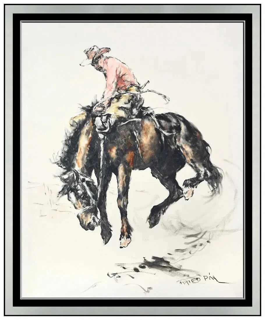 Pal Fried Original Oil Painting On Canvas Signed Figures Horse Framed Artwork (1 of 6)