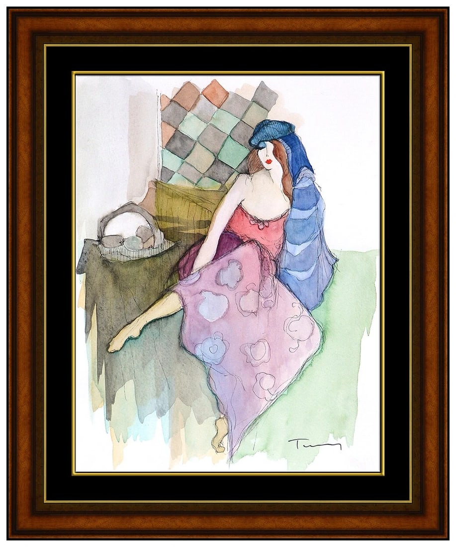 Itzchak Tarkay Original Watercolor Painting Signed Lady Cafe Framed Authentic Art (1 of 5)