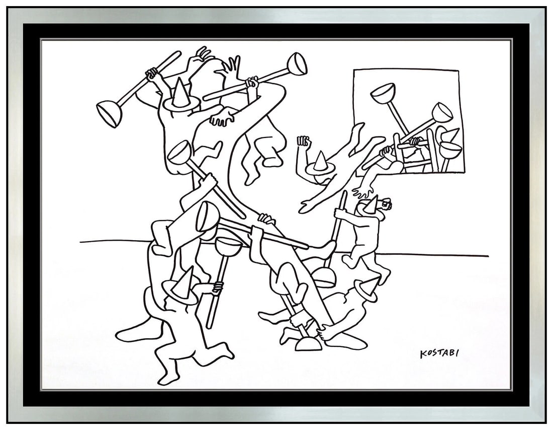 Mark Kostabi Original Ink Drawing Faceless Figures Signed Modern Framed Artwork (1 of 5)