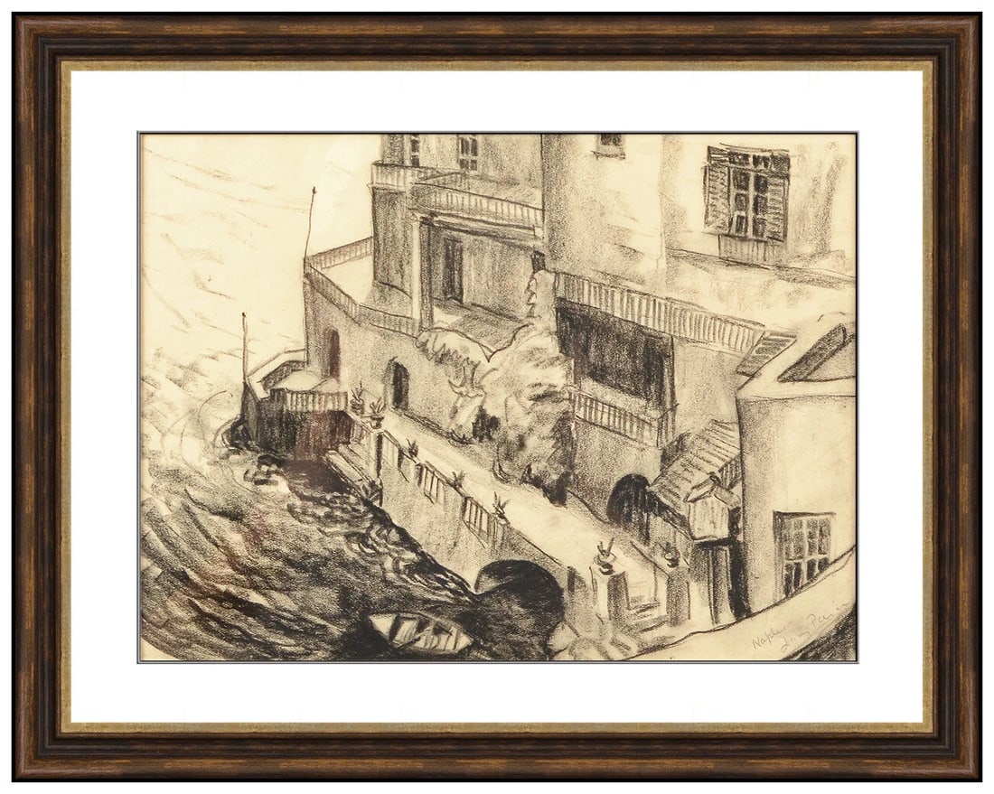 Lucy Pierce Original Italian Coast Landscape Conte Crayon Drawing Signed Framed (1 of 5)