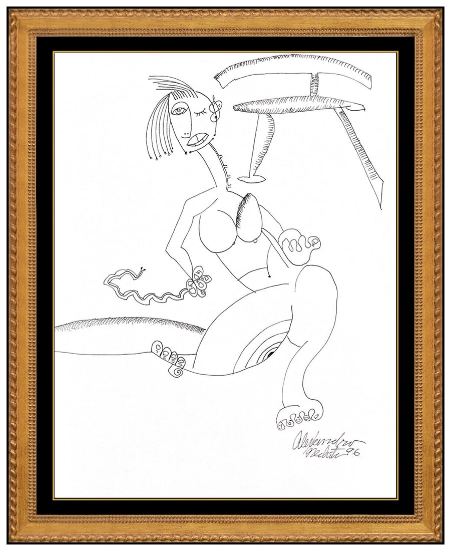 Alexandra Nechita Original Ink Drawing Signed Cubism Petite Picasso Framed Art: This lot includes:Gallery COA. In-house shipping available (insurance and international shipping for an additional charge).Artist: Alexandra Nechita Title: In The Garden Medium: Ink DrawingSize: 11" x