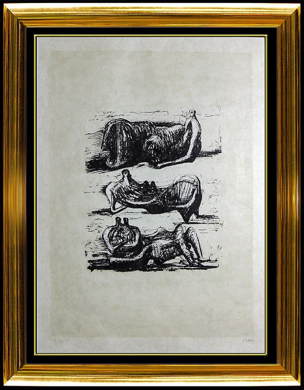 Henry Moore Lithograph Hand Signed Reclining Figures Framed Artwork: This lot includes:Gallery COA. In-house shipping available (insurance and international shipping for an additional charge).Artist: Henry MooreTitle: Three Reclining FiguresMedium: LithographSize: 23"