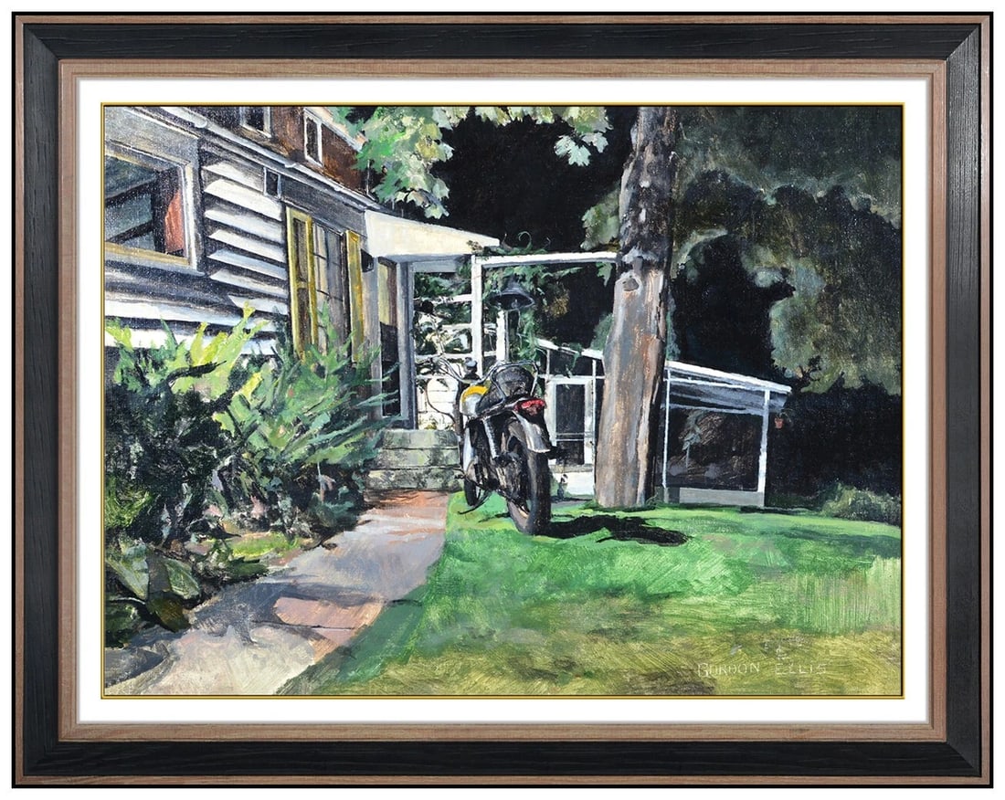 Gordon Ellis Original Oil Painting On Canvas Signed Motorcycle Landscape Framed Art: This lot includes:Gallery COA. In-house shipping available (insurance and international shipping for an additional charge).Artist: Gordon EllisTitle: Livin' Free Medium: Oil painting on canvasboardSiz
