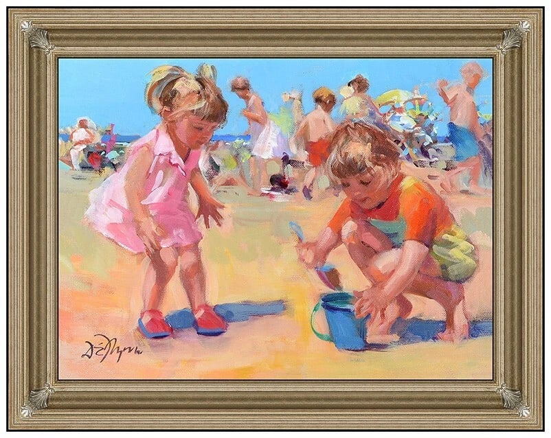 Dianne Flynn Original Oil Painting On Canvas Signed Kids Beach Landscape Art (1 of 4)