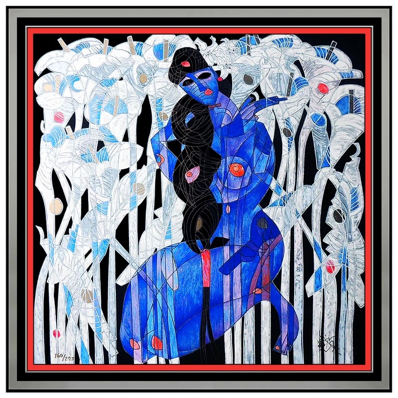 Jiang Tie Feng Color Serigraph Calla Lilies Hand Signed Large Chinese Nude Art: This lot includes:Gallery COA. In-house shipping available (insurance and international shipping for an additional charge).Artist: JiangTitle: Calla LiliesMedium: SerigraphSize: 32" x 32"Framed: 42 x