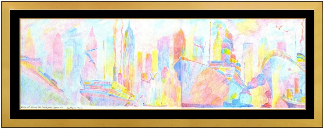 Guillaume Azoulay Original Ink Drawing Signed Harbor Cityscape West Gate Artwork (1 of 4)