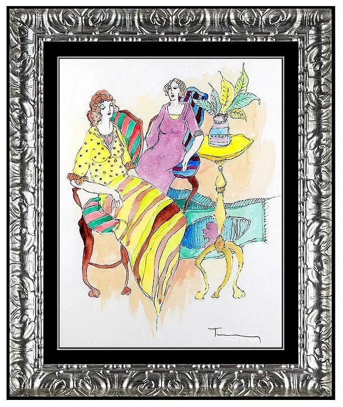 Itzchak Tarkay Original Watercolor Painting Signed Cafe Women Portrait Artwork (1 of 4)